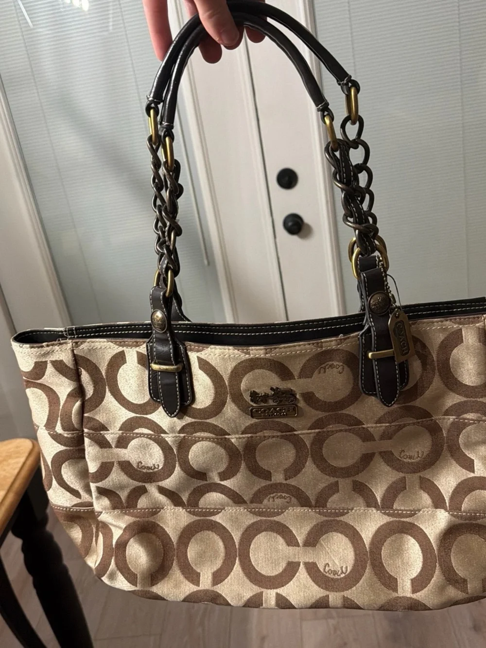 Coach Beige and Brown Signature Chain-Handle Tote
